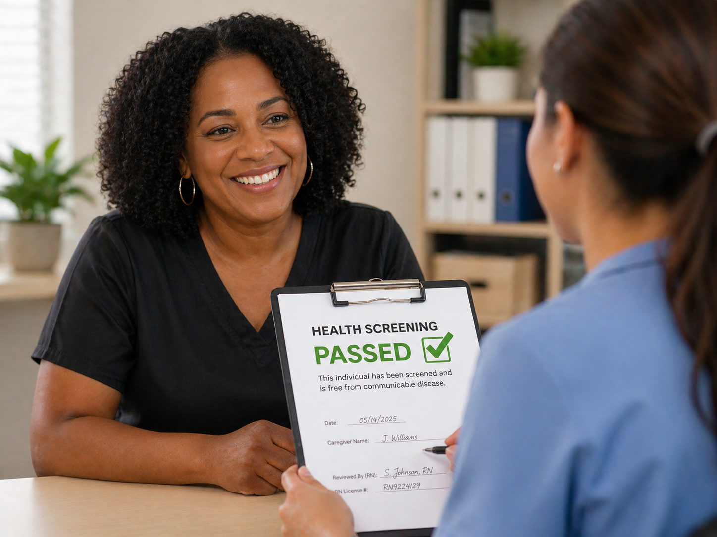 A caregiver completing a health screening questionnaire on a tablet