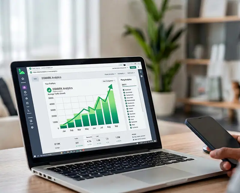 Laptop showing a DSNMRK analytics dashboard with rising traffic