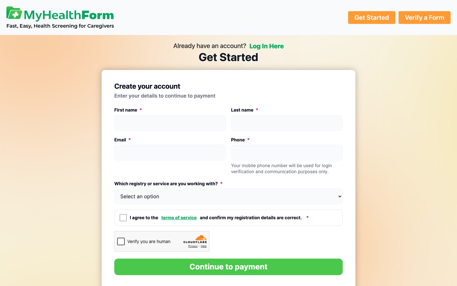 The MyHealthForm.com get started page