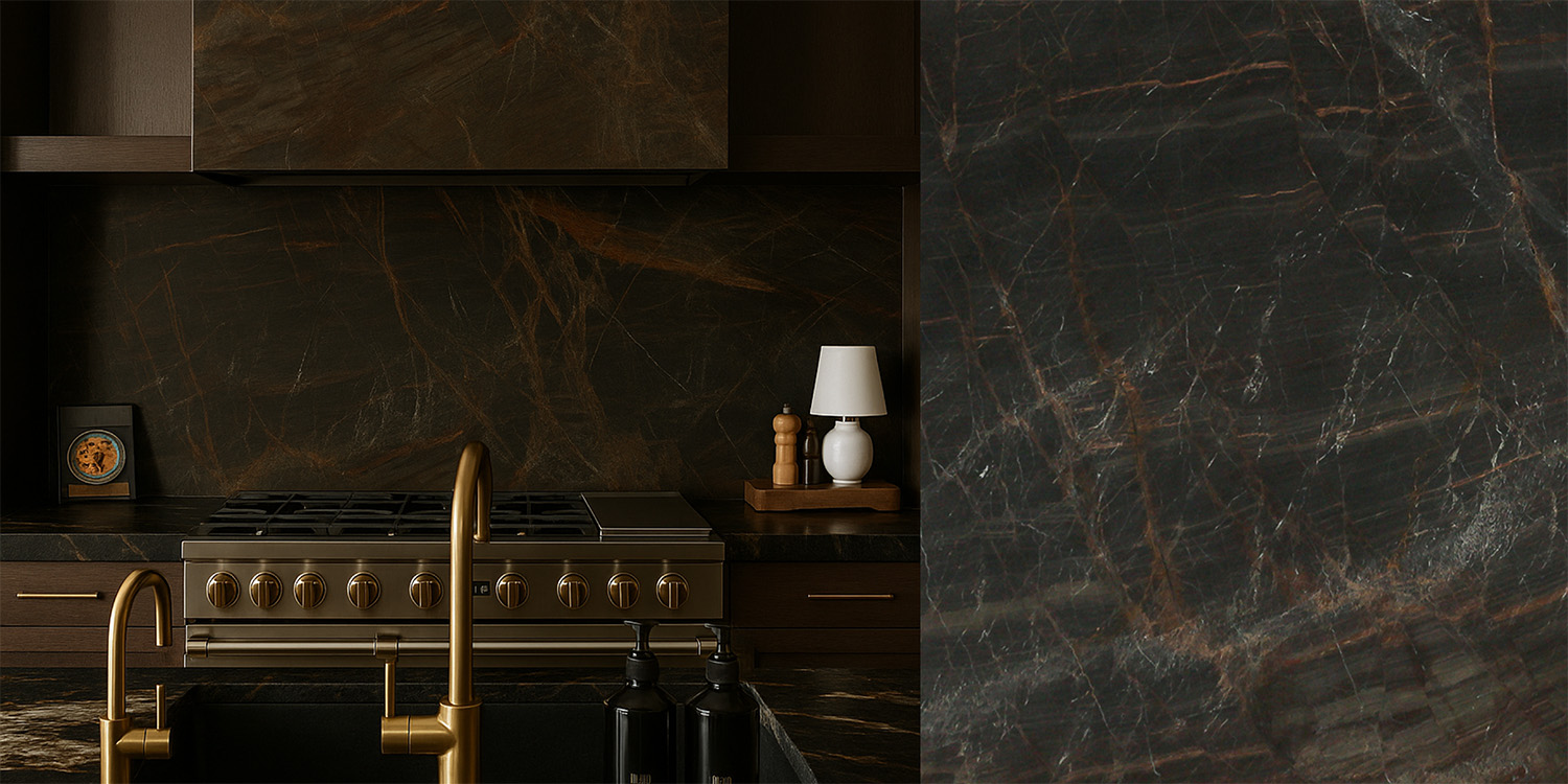 A kitchen finished in dark veined marble from Opustone, with a close-up of the slab