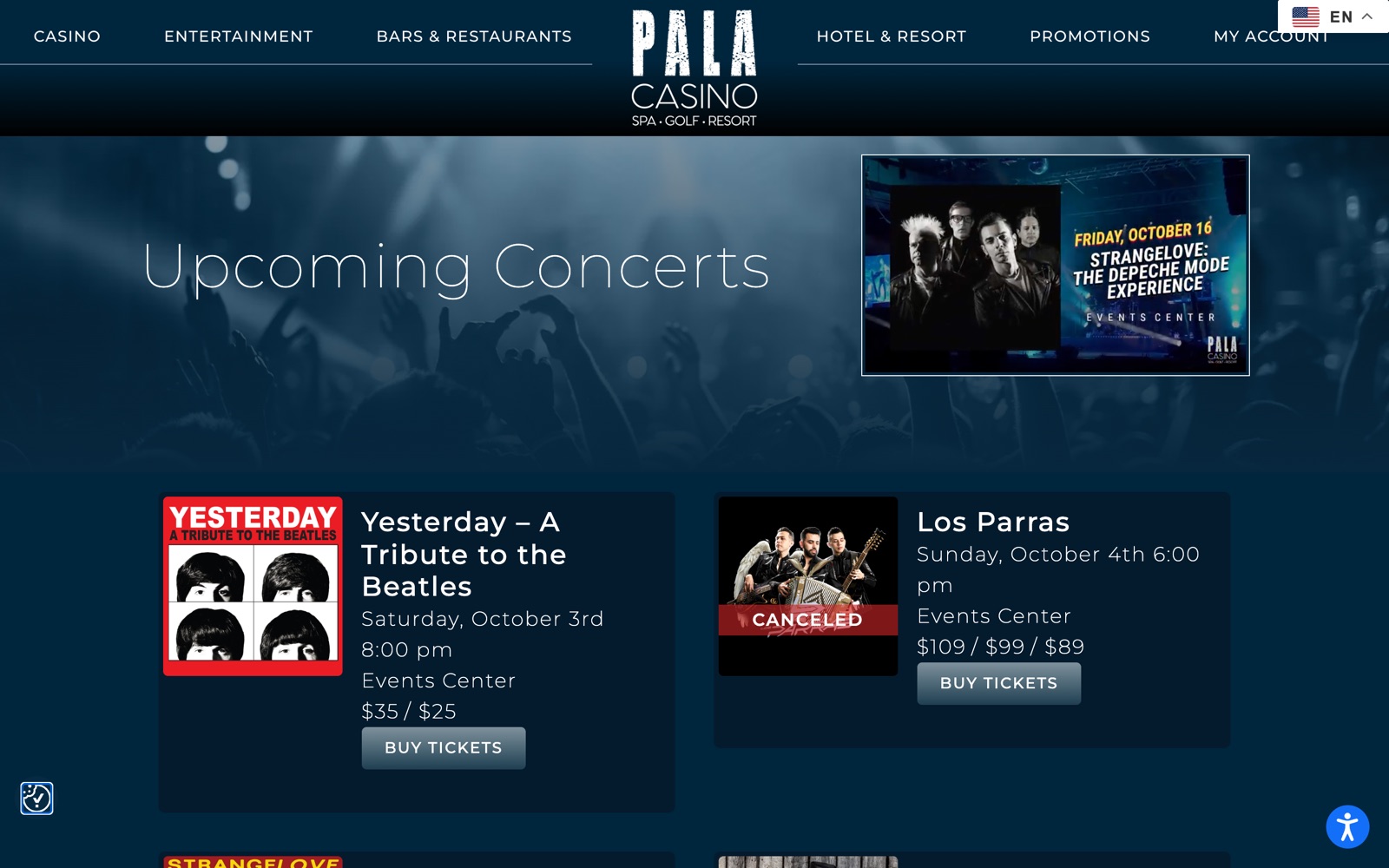 The Pala Casino entertainment page