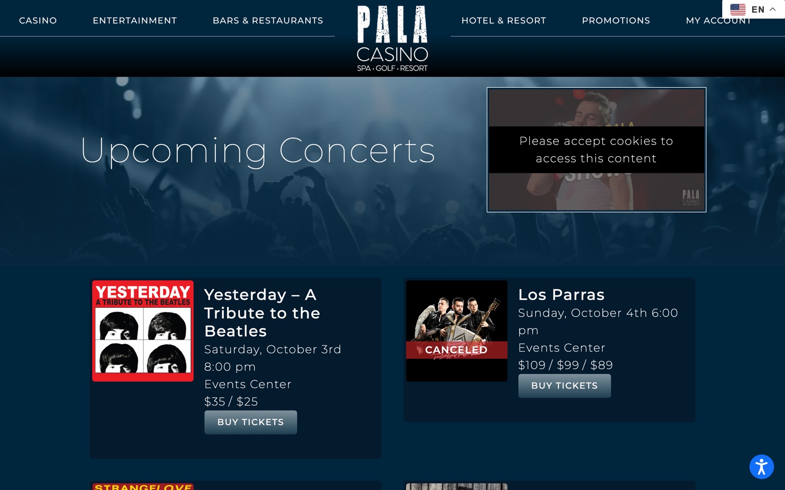The Pala Casino entertainment page