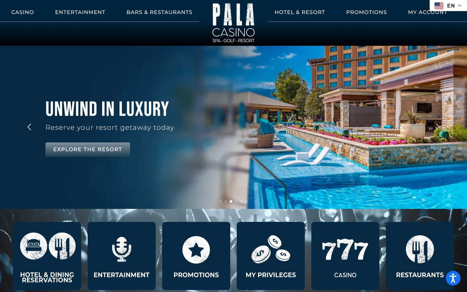 The Pala Casino homepage