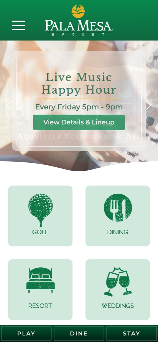 The Pala Mesa Resort homepage on a phone