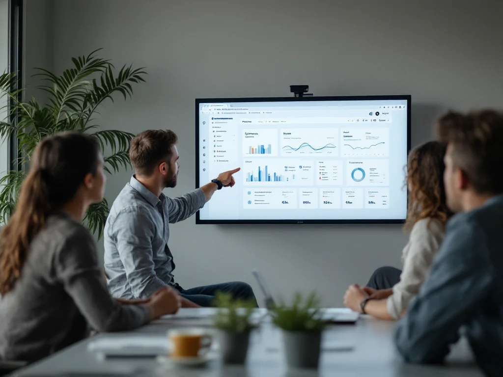 Team reviewing an automated business dashboard on a wall screen
