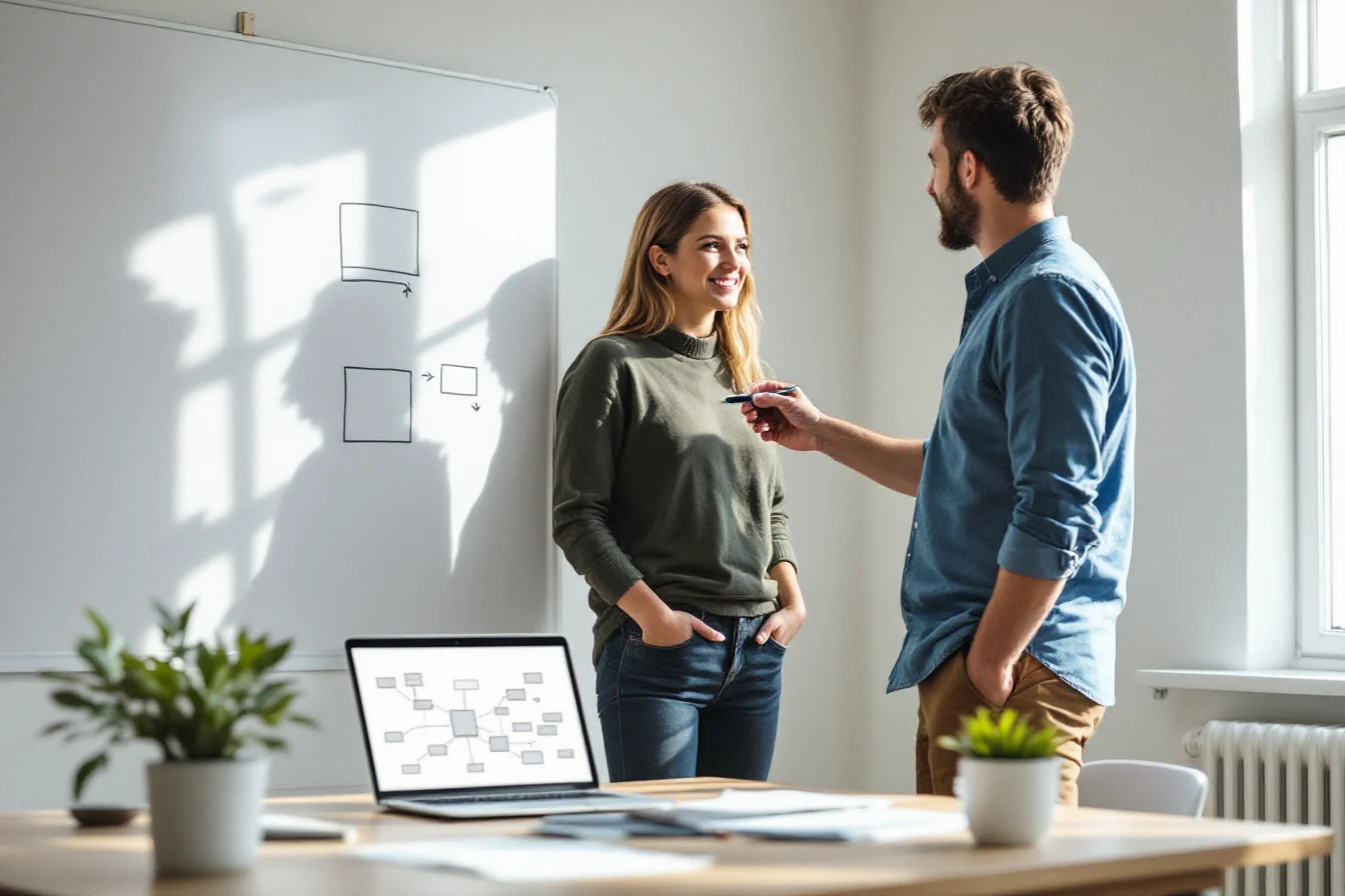 Business owner and consultant mapping a process flow on a whiteboard